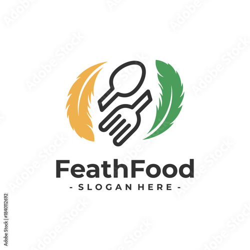 Feather Food logo design template. Feather icon with cutlery combination. Concept of oriental restaurant, cafe, food service, etc.