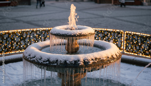 Frozen Snow Covered Fountain with Christmas Lights Winter Square