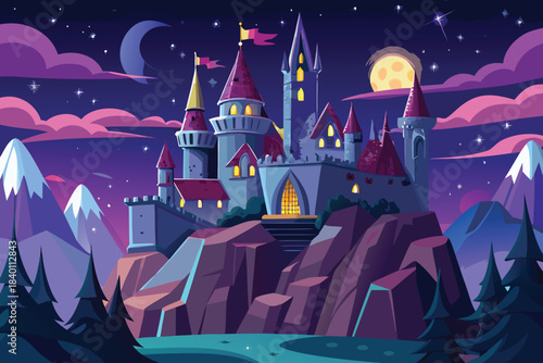 Fantasy castle night panorama magical mystical dreamy colorful vector artwork