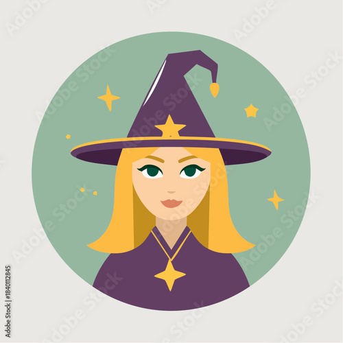 Illustration of a blonde witch wearing a purple hat and dress with star accents on a green background.