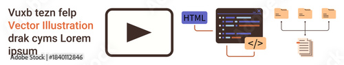 Digital technology, web development, coding education, file management, software interface, workflow process. Play button with code, HTML blocks and file structure. Web development and coding