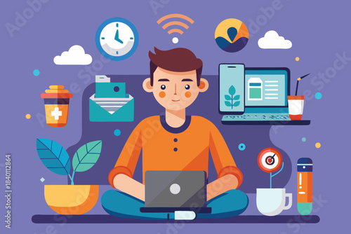 Man using tech flat illustration modern digital activity colorful vector art