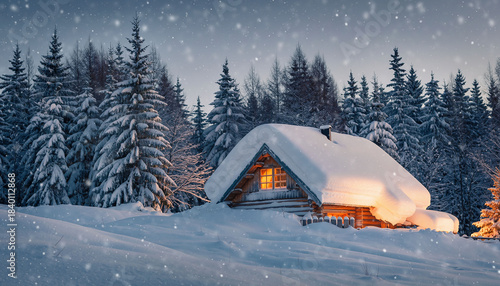 Cozy Wooden Cabin in Snowy Forest with Warm Window Light – Peaceful Winter Retreat and Seasonal Atmosphere