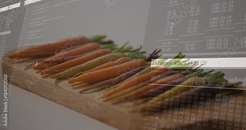 Baby carrot row resting on board on start while encryption overlays rising right, showing security