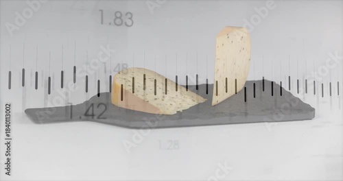 Overlays animating over herbed cheese on slate, frames advancing drawing line bars showing trends