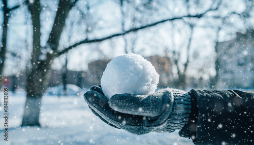 Gloved Hand Holding Snowball Outdoors During Snowfall – Winter Activity and Cold Weather Scene