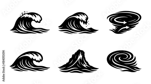 Ocean waves silhouette icons set, storm surf and whirlpool