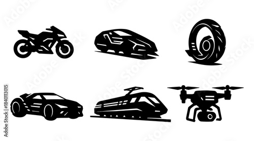 Future transport silhouette icons set, electric bike, concept car and highspeed train