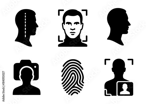 Biometric portraits silhouette icons set, profile, face scan and fingerprint