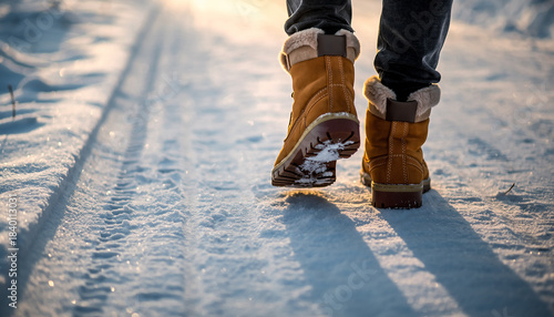 Close-Up Winter Boots Walking on Snowy Path with Long Shadows – Cold Weather Footwear and Seasonal Scene