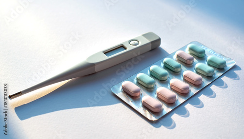Digital Thermometer and Pills on White Surface Health Care