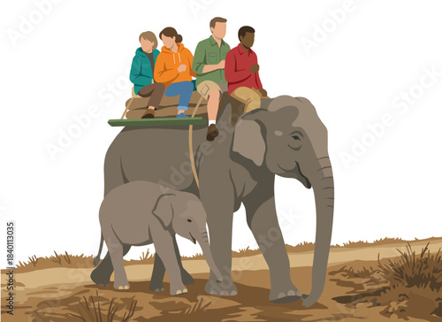 Tourists Riding an Elephant with a Baby Elephant Walking Beside in a Natural Setting