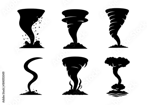 Tornado silhouette icons set, funnel cloud and severe weather
