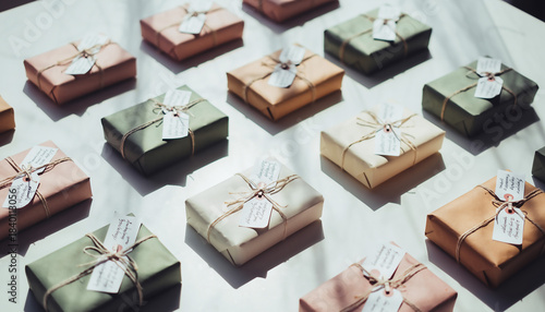 Pastel Gift Boxes with Twine and Tags Arranged on Flat Surface – Celebration and Packaging Design Concept


