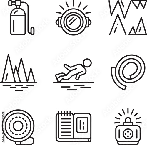Set of diving equipment and underwater exploration icons for aquatic adventure designs