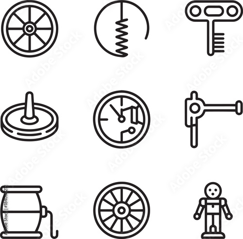 Set of historical mechanisms and old engineering devices outline icons for antique themes
