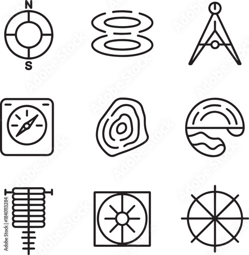Set of nine black line icons related to navigation, featuring a compass, a life buoy