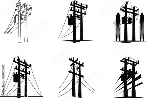 Silhouette utility poles, electrical transformers, power lines, insulators, energy infrastructure, distribution systems, engineering setup, flat vector