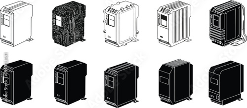 Silhouette VFD units, motor controllers, industrial electronics, automation devices, control panels, rugged enclosures, flat vector