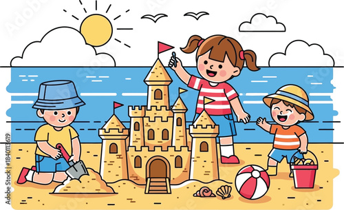 Happy children building a magnificent sandcastle together on a sunny beach vacation day