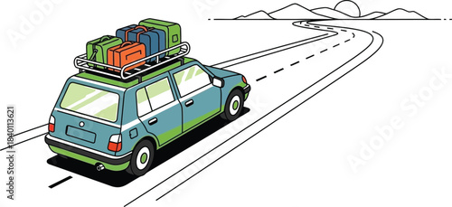 Family station wagon loaded with luggage drives down a winding road toward a distant sunrise illustration