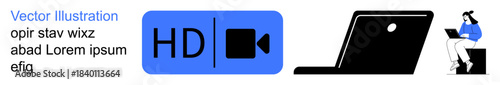 Digital media, online learning, remote work, multimedia technology, video production, content creation. Blue HD video icon, laptop person on a computer. Digital media and online learning theme