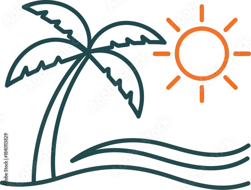 Simple line art icon depicting a sunny tropical beach scene with a palm tree and ocean waves