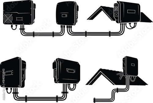 Solar inverter installation, rooftop panel connection, conduit wiring setup, energy conversion system, power flow diagram, flat vector