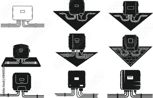 Solar inverter illustrations, electrical wiring setups, renewable energy devices, installation configurations, power systems - flat vector