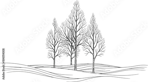 Minimalist black and white line art drawing of bare winter trees standing on rolling snowy hills