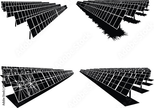 Solar panel array from multiple angles, damaged and functional units, renewable energy infrastructure, clean technology, flat vector
