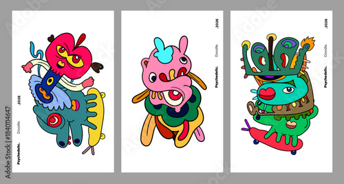 Obraz na plátně Abstract colorful doodle art design, psychedelic cartoon, pattern seamless backg