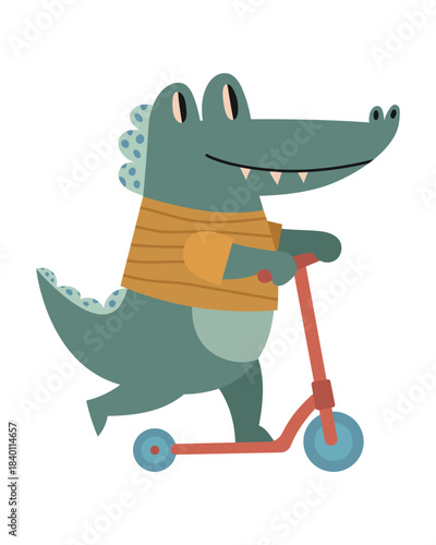Cute Alligator Riding Scooter Vector Illustration. Cartoon alligator joyfully riding a red scooter, wearing a yellow shirt.