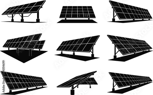 Solar panel silhouette, ground mount array, pole mounted system, renewable energy unit, photovoltaic structure, flat vector
