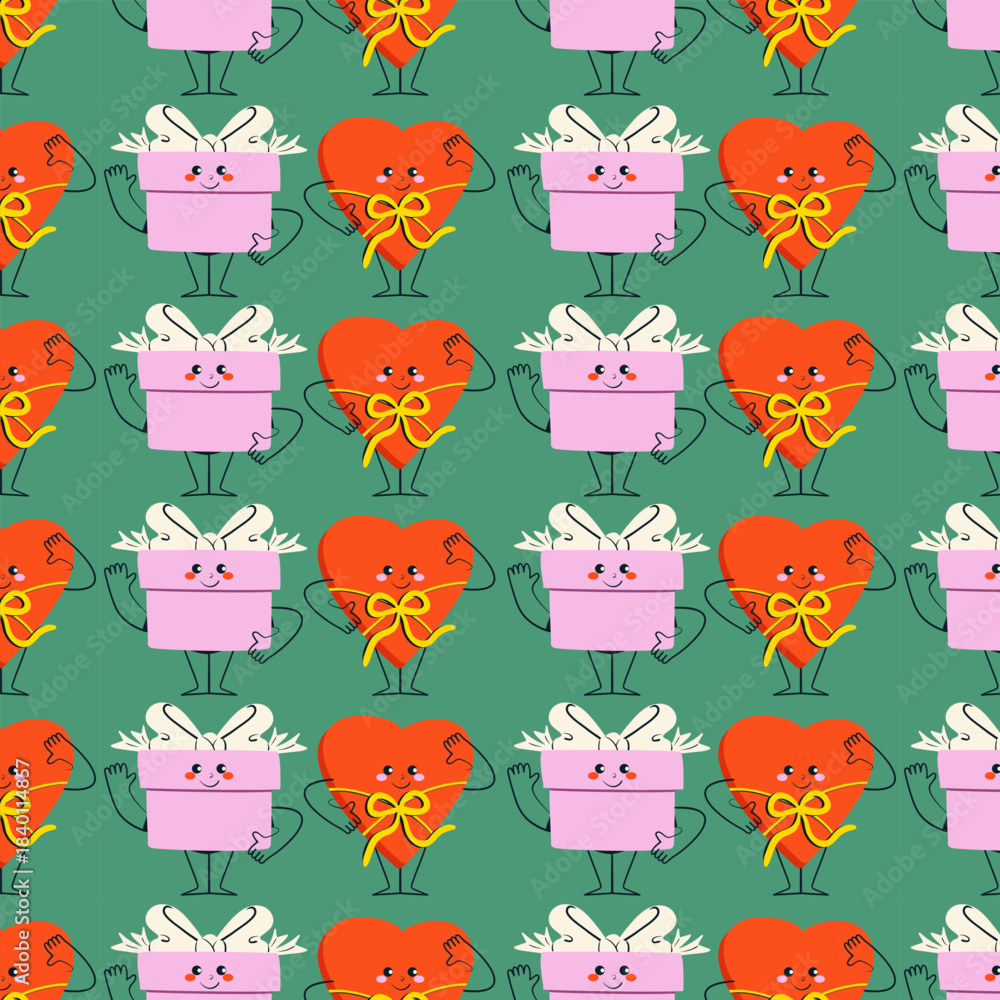 Obraz premium Seamless pattern character gift box, present element with facial expression for Valentines day. Doodle style isolated vector pattern.