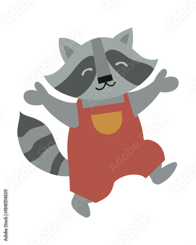 Happy Raccoon Dancing in Red Overalls Vector Illustration. This playful vector illustration features a raccoon with a smiling expression, ideal for children's themes