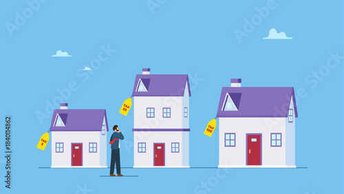 Businessman wisely think to picking different variant houses with price tag. House or mortgage affordability calculation, picking new home base on budget, income or lifestyle.