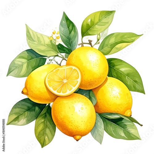 Grouping of lemons and leaves on white. Watercolor style. Fresh, natural, ripe fruit with delicate green foliage