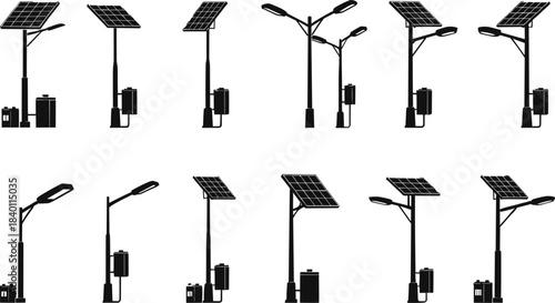 Solar street light silhouette set, sustainable outdoor lighting design, urban energy pole collection, flat vector