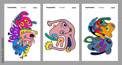 Abstract colorful doodle art design, psychedelic cartoon, pattern seamless background texture vector