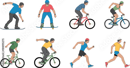 Diverse male athletes engaged in various active outdoor sports activities like skateboarding cycling and running