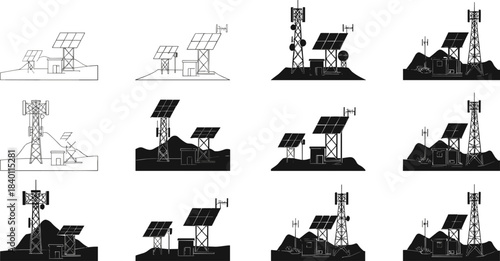 Solar telecom tower silhouettes, off-grid antennas, remote huts, renewable energy systems, rocky terrain infrastructure - flat vector