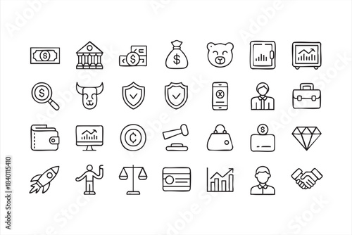 Finance and Investment Line Icons for Digital Banking Platforms and Economic Dashboards