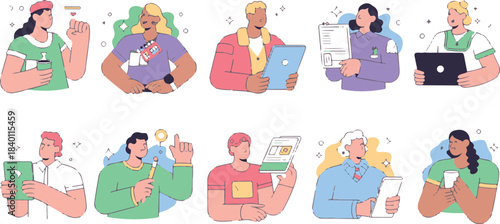 Modern flat design cartoon characters representing diverse people engaged in various digital and creative activities and leisure moments