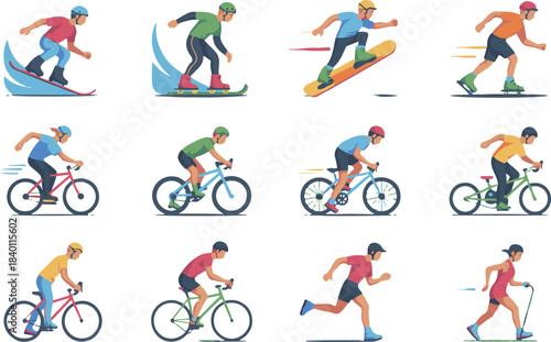 Active individuals enjoying diverse outdoor sports activities including snowboarding cycling running and rollerblading in vibrant flat design style