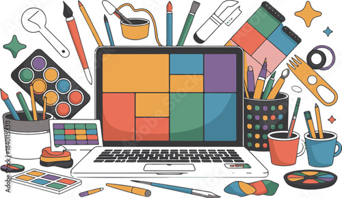 Creative workspace concept with a laptop and numerous art supplies including brushes paints and pencils ready for graphic design illustration or digital art creation