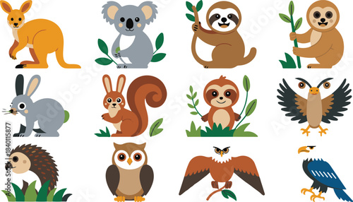 Cute cartoon wild animals collection featuring various sloths eagles kangaroo koala rabbit and squirrel with simple flat design