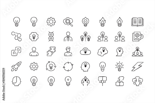 Innovation and Idea Development Line Icons for Brainstorming Tools, Planning Dashboards and UI Kits