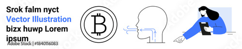 Cryptocurrency analysis, health diagnostics, financial tracking, digital business, remote work, modern design. Bitcoin symbol, human profile with airflow person with laptop. Cryptocurrency