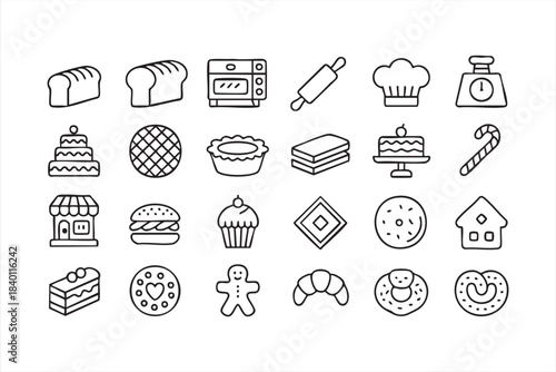 Bakery and Dessert Line Icons for Café Menus, Pastry Apps and Confectionery Platforms